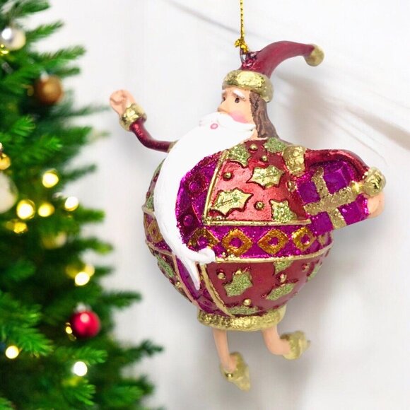 Vtg Maroon Wizard Santa Glittered Christmas Ornament Hand Painted Discontinued